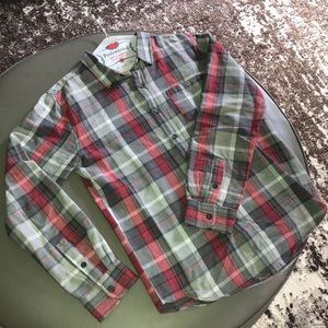 Plaid flannel button down shirt.